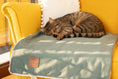 Load image into Gallery viewer, A brown tabby cat curled up asleep on the portable lounge mat in soothing sage, placed on top of a vivid yellow chair with the sunshine streaking across the sleeping cat and lounge mat.