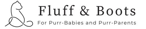 The logo for Fluff & Boots, featuring a minimalist black line art cat icon stylized a the letter B next to the brand name 'Fluff & Boots' and the tagline 'For Purr-Babies and Purr-Parents' 