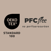 Certification badges on a beige background, including OEKO-TEX Standard 100 and PFC free no perfluorocarbon.